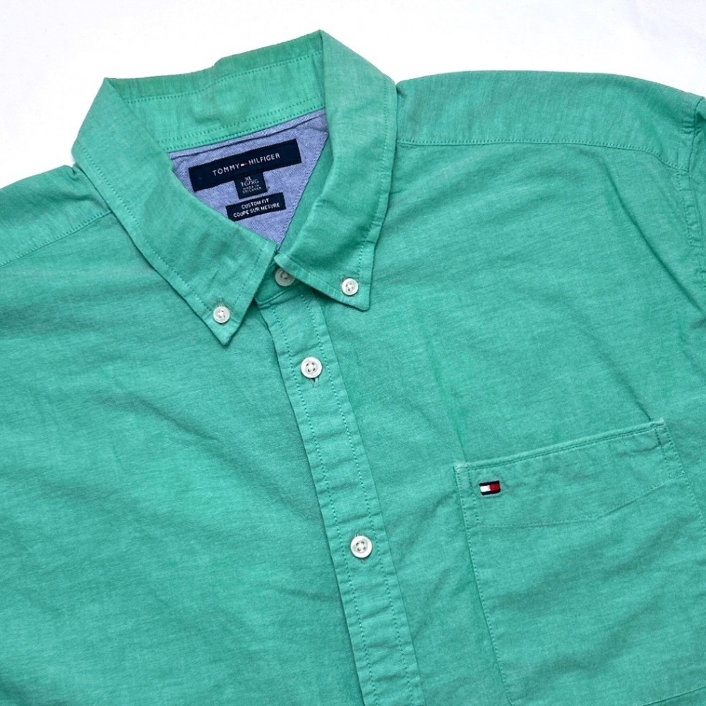 Tommy Hilfiger Mens Custom Fit Short Sleeve Button Down Shirt Size XL Green
